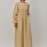 Honeymoon Shirred Linen Dress in Lemon Gingham