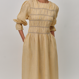 Honeymoon Shirred Linen Dress in Lemon Gingham
