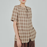 Midtown Short-Sleeve Linen Blazer in Brown Gingham