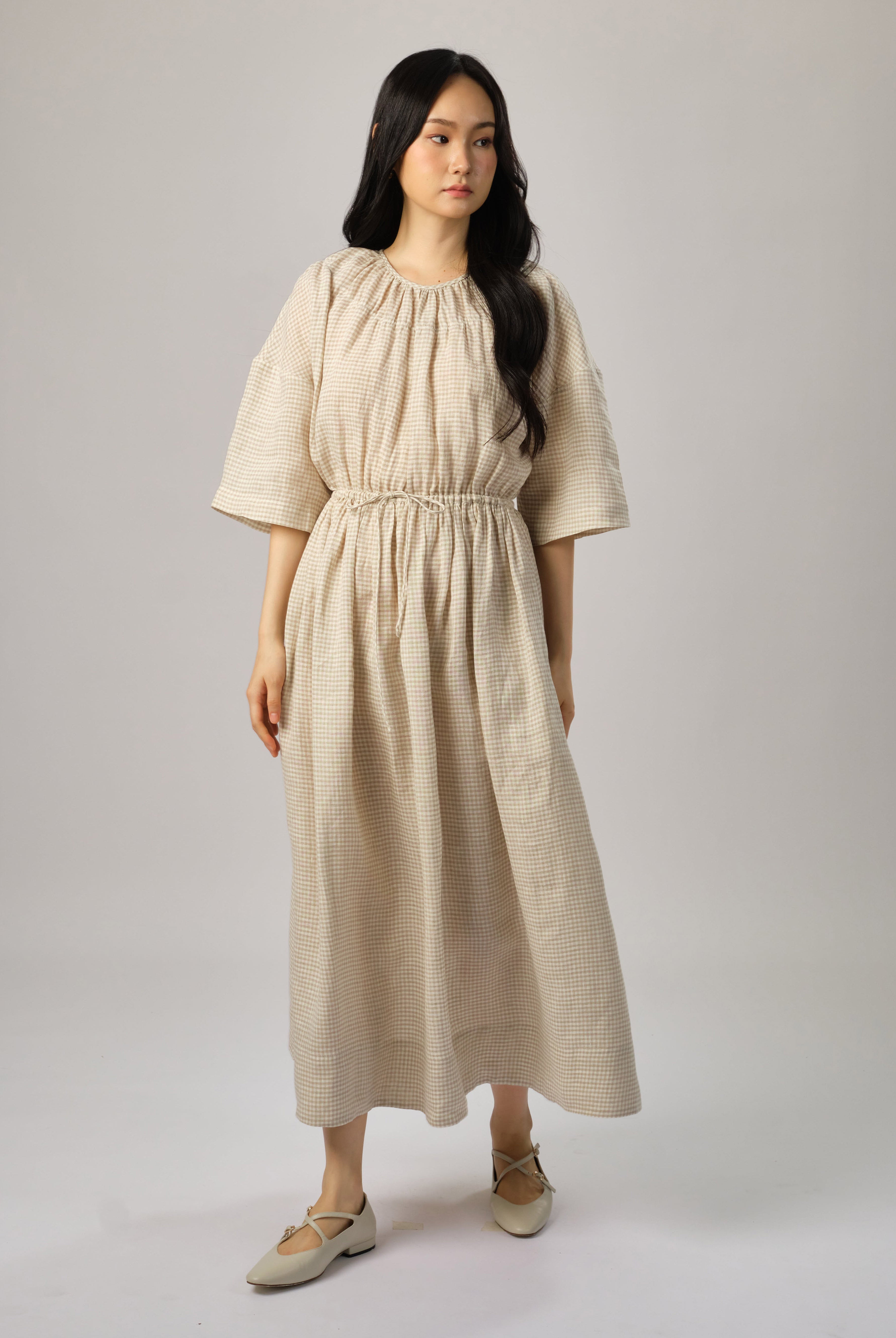 Market Linen Gingham Dress in Ecru