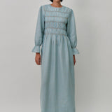 Honeymoon Shirred Linen Dress in Cornflower Gingham