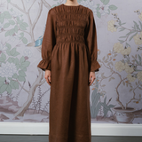 Honeymoon Shirred Linen Dress in Chocolate