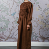 Honeymoon Shirred Linen Dress in Chocolate