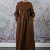 Honeymoon Shirred Linen Dress in Chocolate