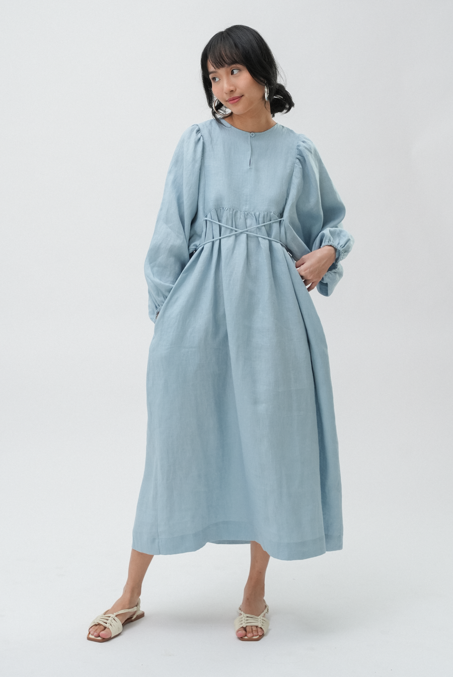 Daydream Linen Dress in Coral Blue