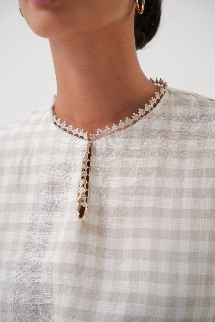 Fave Linen Kedah Top in Sand Gingham