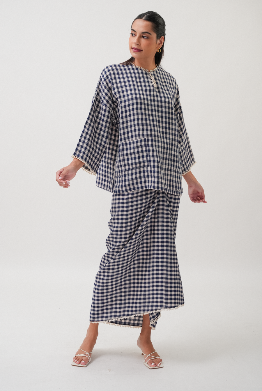 Linen Knot Skirt in Navy Gingham
