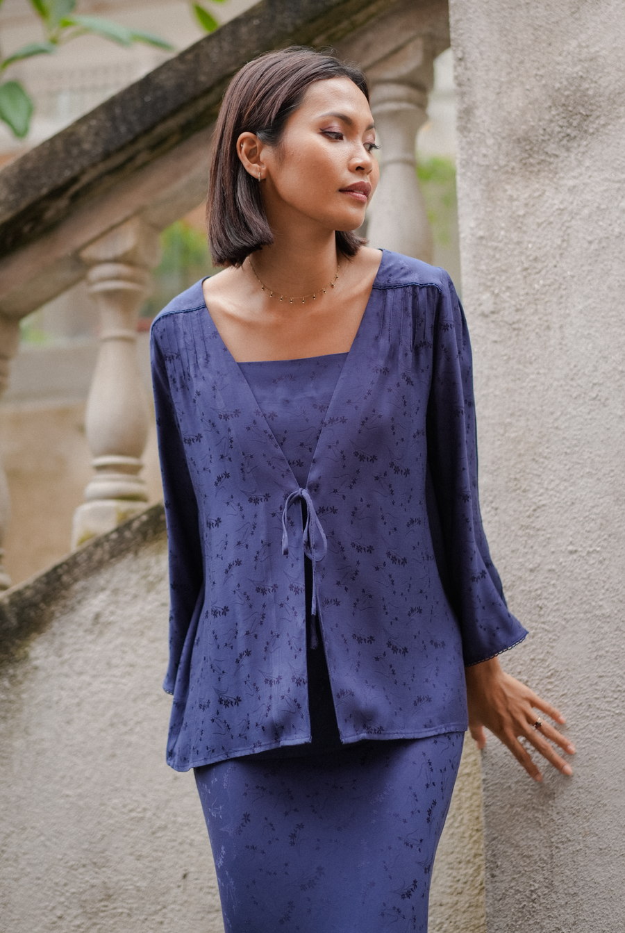 Victoria Jacquard Blouse in Navy